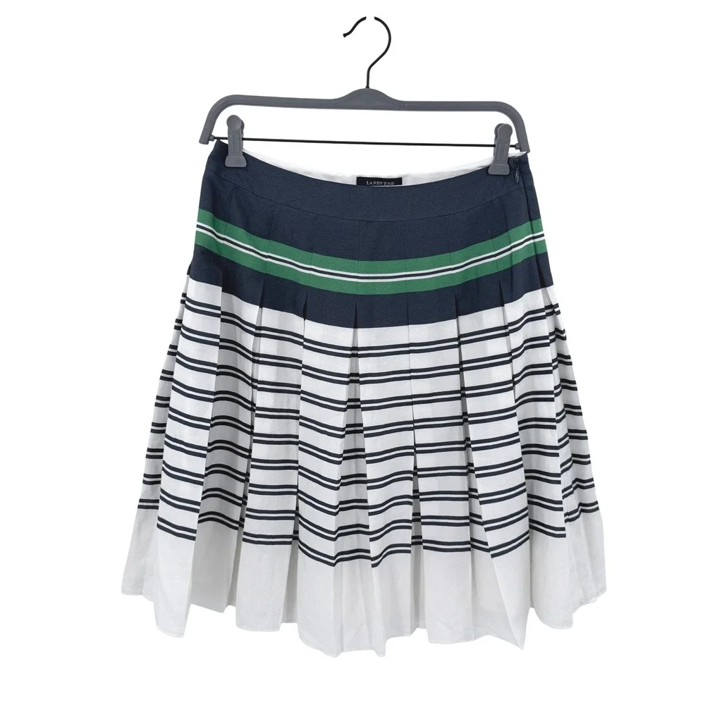 Lands End Pleated Midi Skirt Navy Blue Green White Striped Size 4 Preppy A-Line